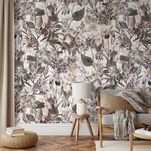 Rustic Floral Wallpaper, Vintage Wildflower Wallpaper, Peel and Stick, Boho Floral Wallpaper, Rustic Woodland Removable Wallpaper