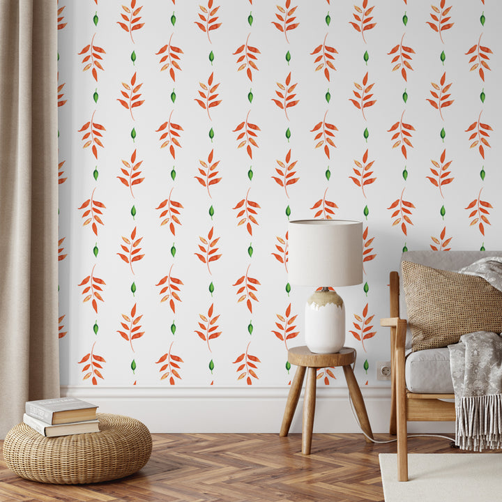 Hand-painted vine wallpaper in watercolor style with orange and green tones, available as peel-and-stick or pre-pasted, great for hallway or entryway design.