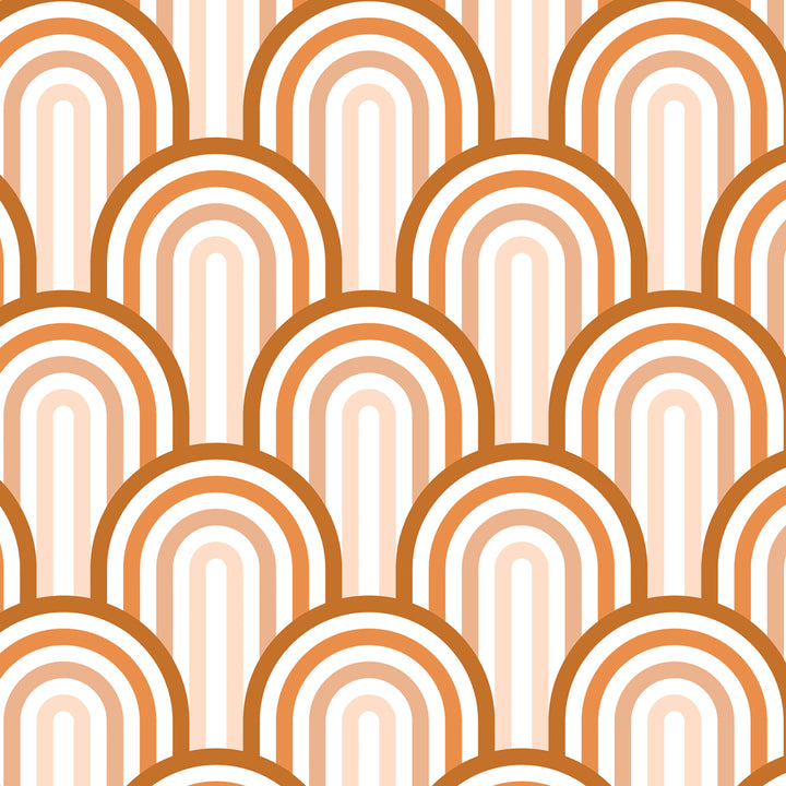 Mid-century modern arch wallpaper with layered caramel and cream arcs, available in peel and stick or pre-pasted options that remove cleanly without damage.