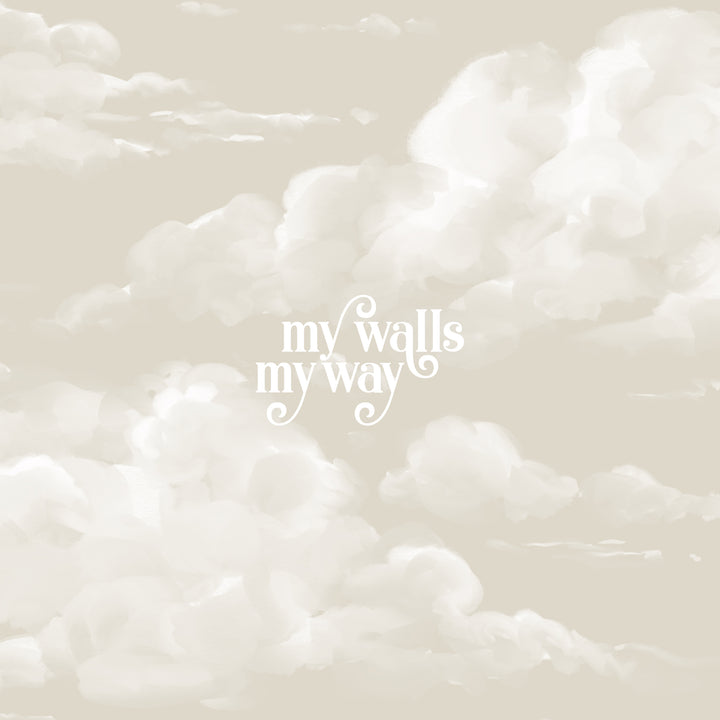 Neutral cloud pattern wallpaper with subtle hand-painted clouds, available in damage-free peel and stick or pre-pasted material.