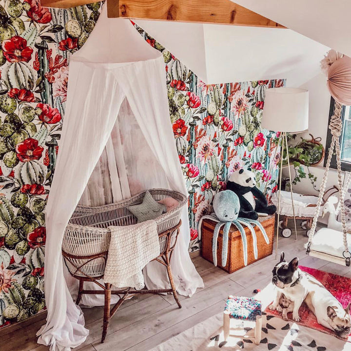 Desert cactus and flower watercolor wallpaper design with green and coral tones, ideal for nursery, kids’ room, or bohemian interior walls.