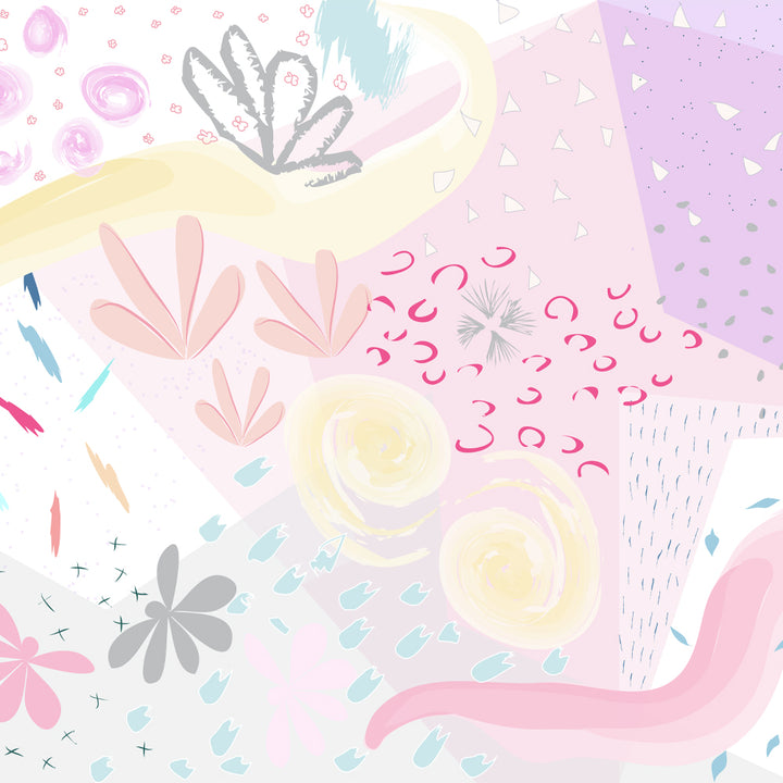 Whimsical pastel mural-style wallpaper with a mix of abstract floral, geometric, and artistic brushstrokes.