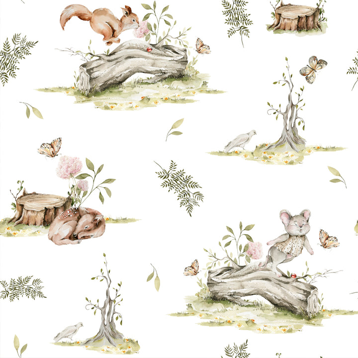 Toile-inspired nature wallpaper featuring delicate illustrated woodland scenes and forest critters in soft traditional style, offered in peel and stick or pre-pasted options.