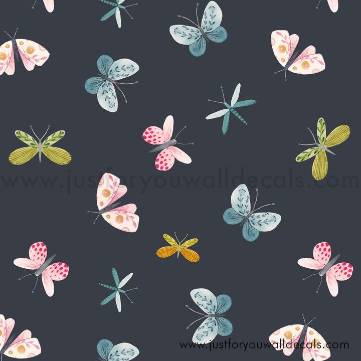 Watercolor butterfly wallpaper featuring pink, teal, and green tones on dark background, removable and easy to install for creative nursery wall decor.
