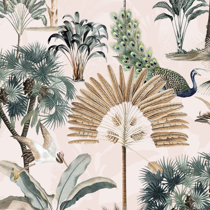 Tropical Banana Leaves Wallpaper, Peacock Birds Wallpaper, Removable Peel and Stick, Boho Palm Tree Wallpaper, Oasis Tree Wallpaper peel and stick wallpaper
