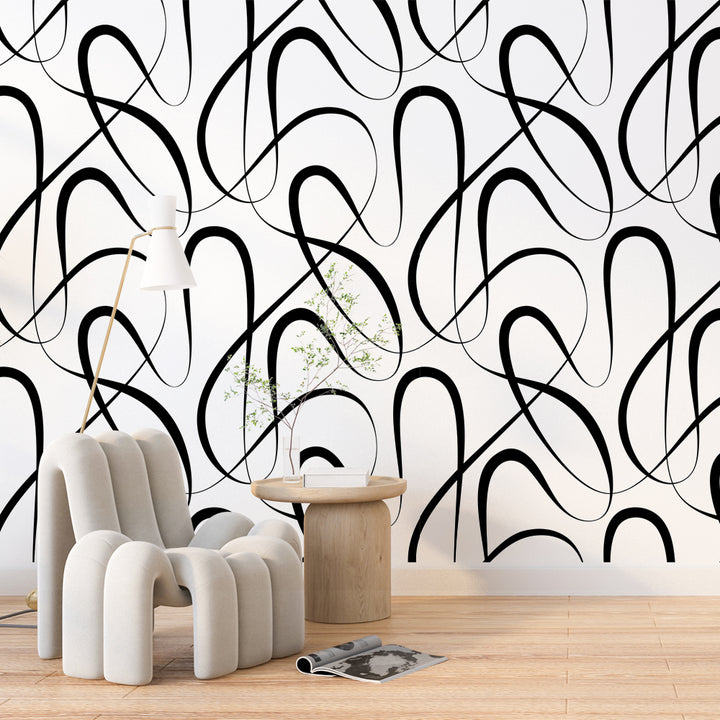 Revitalize your room instantly with Infinite Loop Elegance wallpaper—featuring stylish black-and-white abstract loops, perfect for modern interiors. Black and White Wallpaper, Geometric Peel & Stick Wallpaper, Laundry Room Wallpaper, Pattern Wallpaper Peel Stick, Modern Wallpaper 