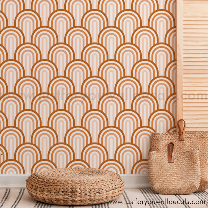 Boho arches wallpaper, Golden bohemian wallpaper, Neutral boho wallpaper, Arch pattern wallpaper, Earth tone décor, Boho chic interior, Geometric boho design, Cozy bohemian style, Modern boho décor, Removable boho wallpaper