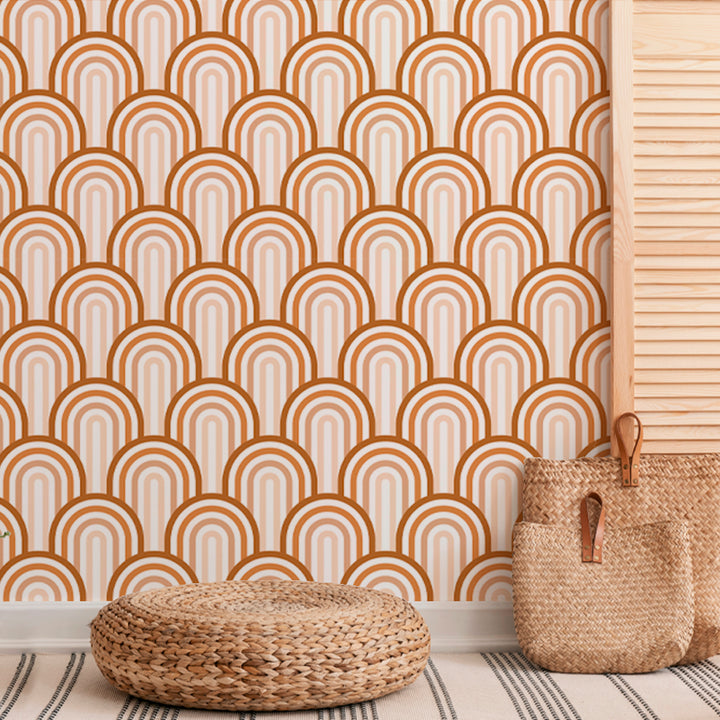 Vintage-style repeating arch pattern wallpaper featuring warm earthy tones, offered in peel and stick or removable pre-pasted material for easy installation.