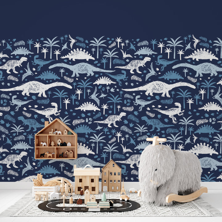 Navy blue dinosaur-themed wallpaper featuring hand-drawn prehistoric creatures and palm trees.