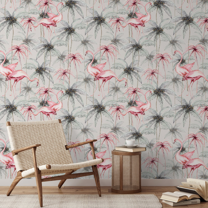 Elegant tropical wallpaper with pink flamingos among palm leaves, perfect for modern interiors, peel and stick or pre-pasted, removable without wall damage.