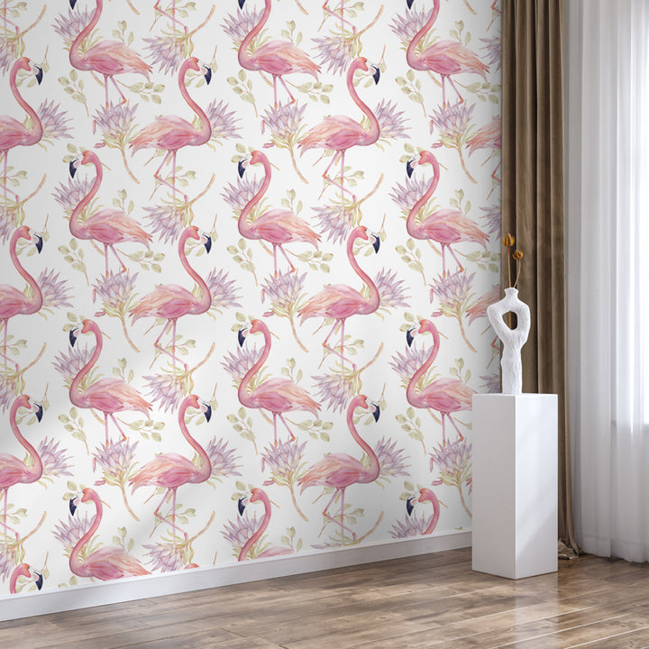 Elegant pink flamingo wallpaper design featuring watercolor flamingos and floral details, perfect for modern nursery or coastal bedroom décor.