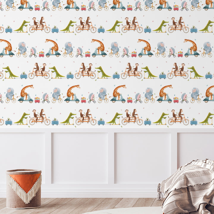 Animal parade wallpaper with watercolor illustrations of playful animals riding bikes and wagons, removable peel-and-stick or pre-pasted wallpaper for kids’ rooms.