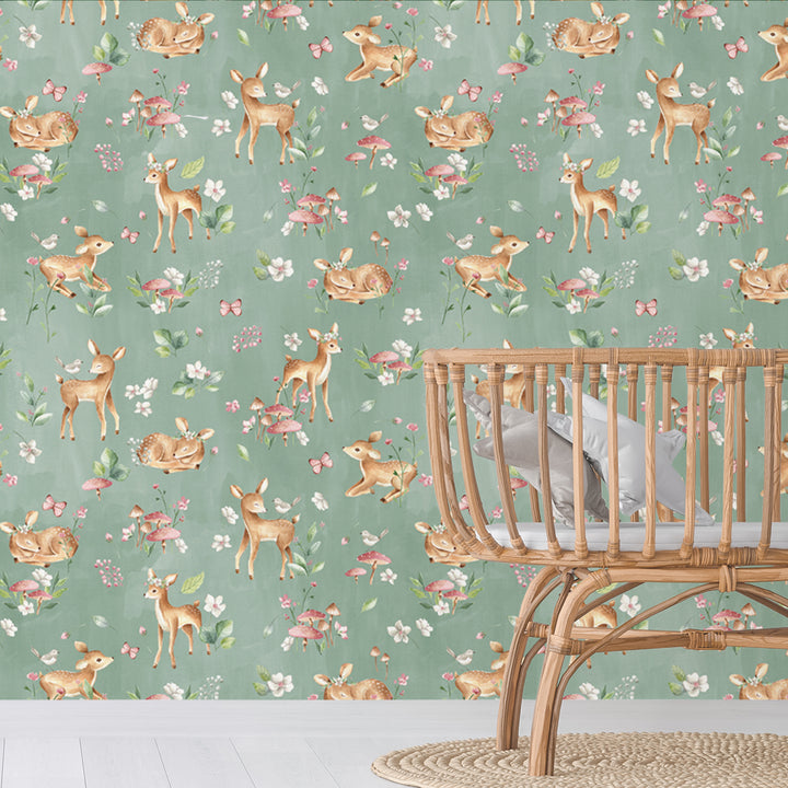 Woodland animal wallpaper with sleeping and standing deer surrounded by flowers and mushrooms on a green background, removable and renter-friendly.