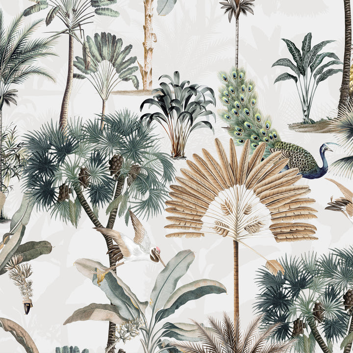 Luxury botanical wallpaper with tropical foliage, peacocks, and pineapples in a vintage-inspired design."