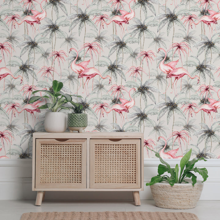Watercolor flamingo wallpaper featuring tropical palms, soft pink birds, and muted greens, ideal for stylish living rooms or bedrooms, removable and eco-friendly.