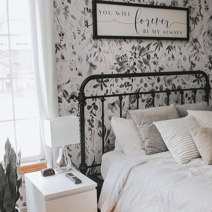 Modern black and grey floral wallpaper with delicate watercolor textures, designed for nurseries, kids rooms, laundry rooms, and peaceful interior spaces.