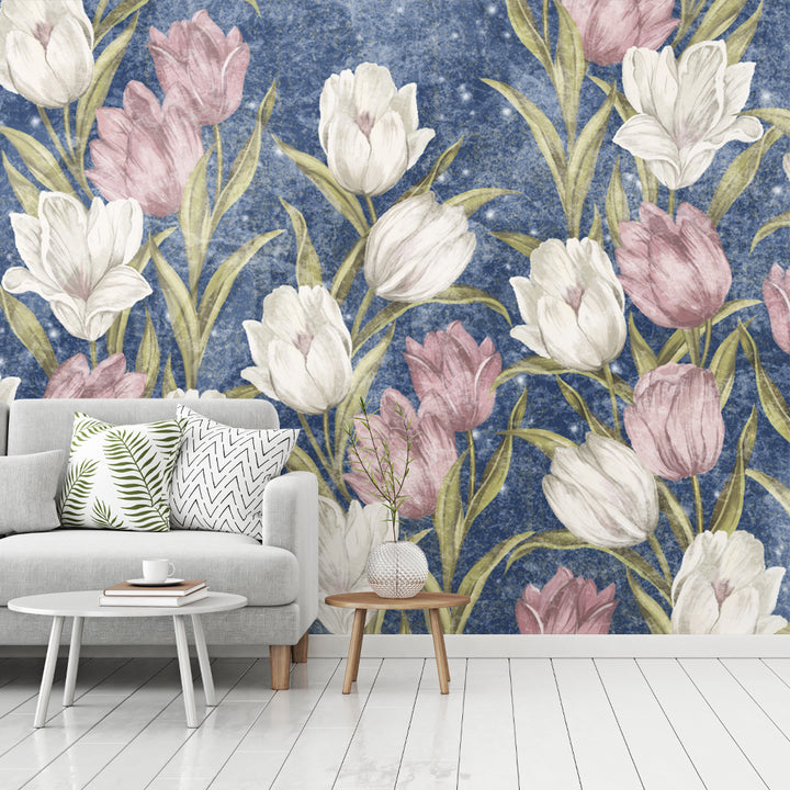 Floral Tulip Flower Peel and Stick Removable Wallpaper, Pink and White Floral Wallpaper Peel and Stick Wallpaper