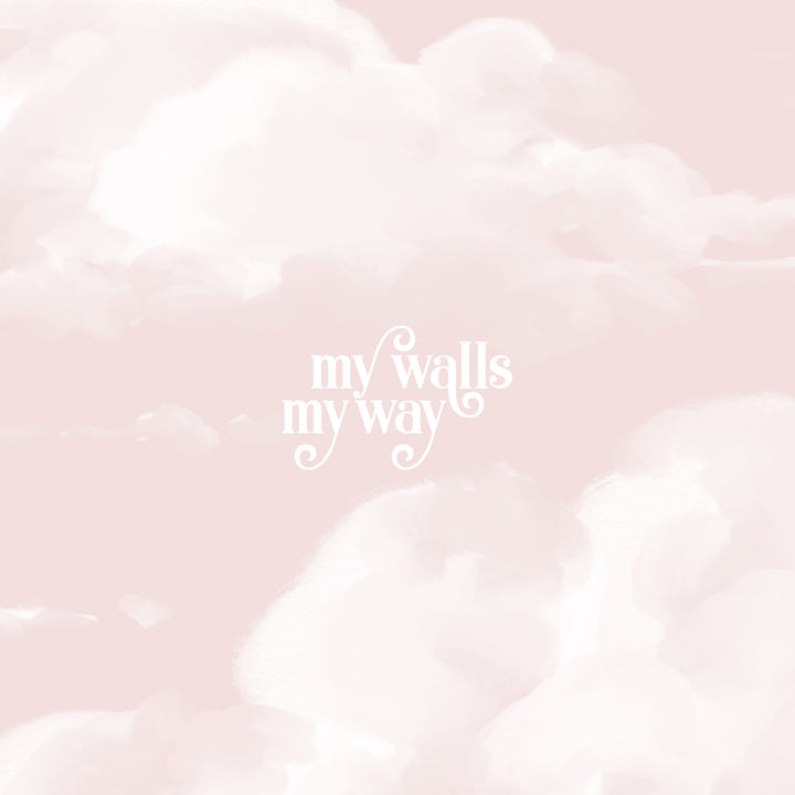 Blush cloud wallpaper pattern with gentle white clouds drifting across a soft pink background, available in two removable, damage-free materials.