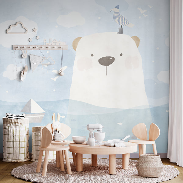 Adorable polar bear and ocean-themed nursery wallpaper in soft pastel blues and whites. polar bear nursery wallpaper, cute animal wall mural, arctic-themed kids wallpaper, watercolor bear wall décor, baby room animal wallpaper, ocean and bear kids mural, Scandinavian nursery wallpaper, whimsical kids room décor, soft pastel bear wallpaper, playful animal wall art