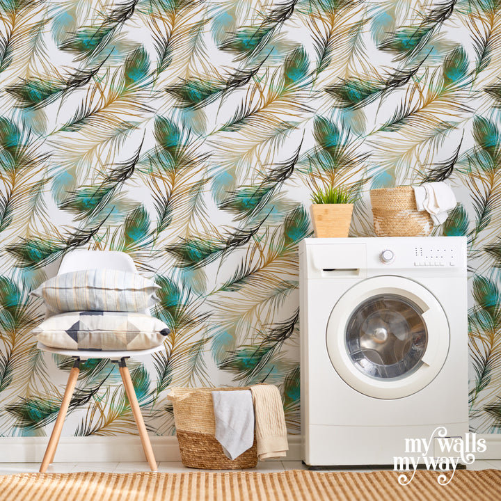 Watercolor feather wallpaper in gold, teal, and charcoal hues, removable peel-and-stick or pre-pasted, elegant and modern design perfect for bedroom or living room.
