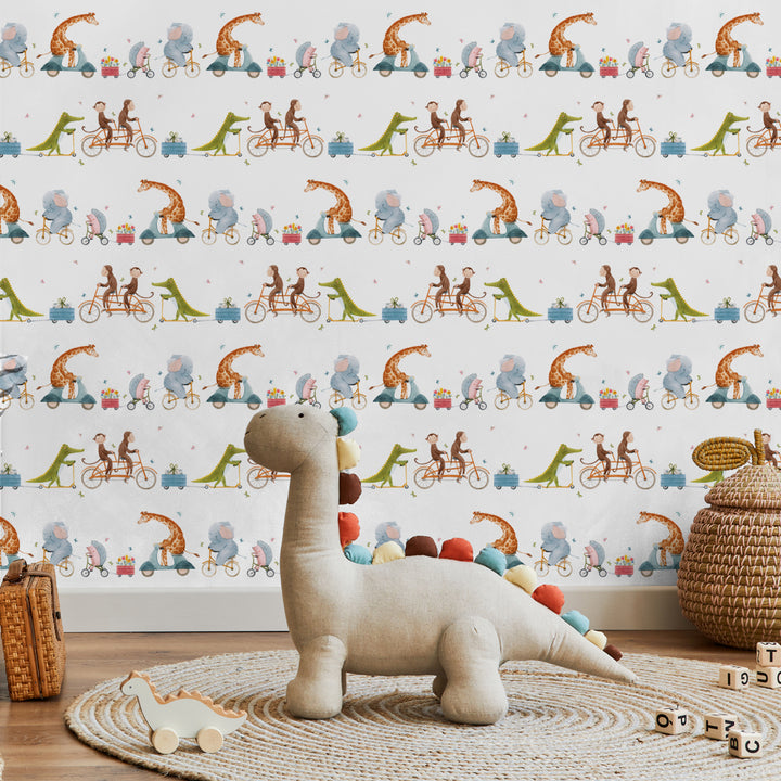 Cute nursery wallpaper design featuring watercolor animals on wheels, including elephants and giraffes, removable and eco-friendly for safe wall décor.