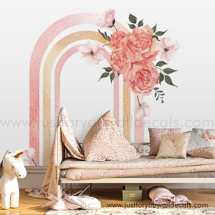rainbow flower wall decal, floral rainbow wall decal, pink and gold rainbow wall decal with pink flowers. Girls room wall decal