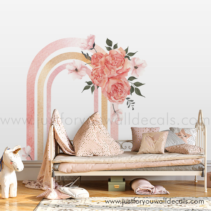 rainbow flower wall decal, floral rainbow wall decal, pink and gold rainbow wall decal with pink flowers. Girls room wall decal