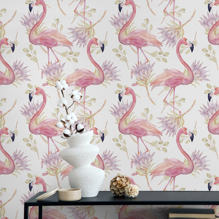 Romantic flamingo wallpaper with blush pink tones and watercolor leaves, removable peel-and-stick or pre-pasted options, eco-friendly and safe for walls.