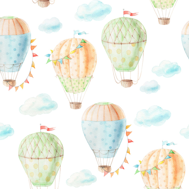 Playful kids wallpaper featuring watercolor balloons and clouds, perfect for adventure-themed bedrooms, playrooms, or baby boy and girl spaces.