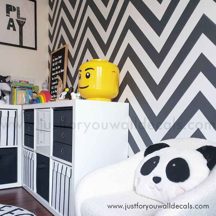 Chevron wallpaper, Black and white zigzag, Nursery decor ideas, Kids room wallpaper, Modern geometric wallpaper, Bold stripe wallpaper, Playroom wall design, Removable wallpaper, Trendy wall coverings, Peel and stick chevron