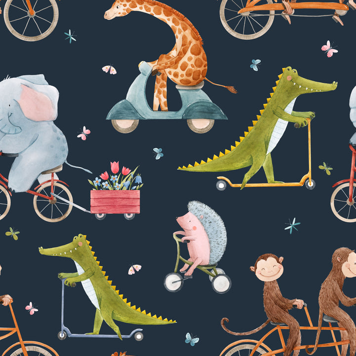 Whimsical navy animal wallpaper pattern with elephants, monkeys, and giraffes riding bikes, eco-friendly and easy to install.