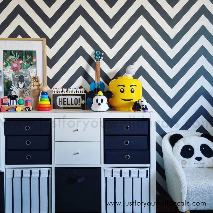 Chevron wallpaper, Black and white zigzag, Nursery decor ideas, Kids room wallpaper, Modern geometric wallpaper, Bold stripe wallpaper, Playroom wall design, Removable wallpaper, Trendy wall coverings, Peel and stick chevron