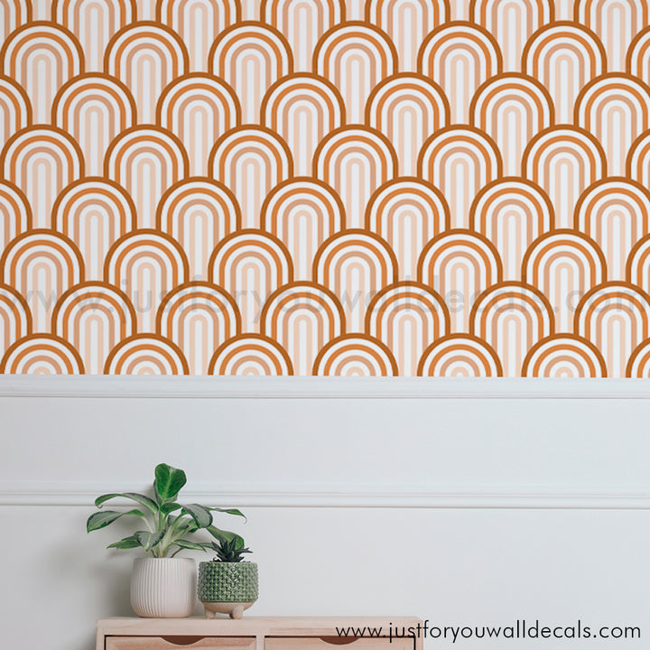 Stylish boho wallpaper with modern, layered arches in warm earthy shades for cozy interiors., retro rainbow wallpaper, boho wallpaper, peel and stick wallpaper, removable wallpaper, retro wallpaper
