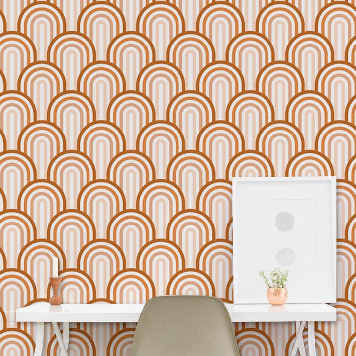 Boho retro arch pattern wallpaper in soft, warm neutrals, offered in peel and stick or pre-pasted removable wallpaper for renters and DIY projects.
