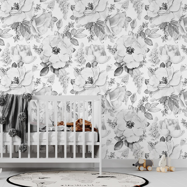Modern monochrome flower wallpaper with soft grey shading and oversized blooms, removable and damage-free, available in peel and stick or pre-pasted finish for accent walls.