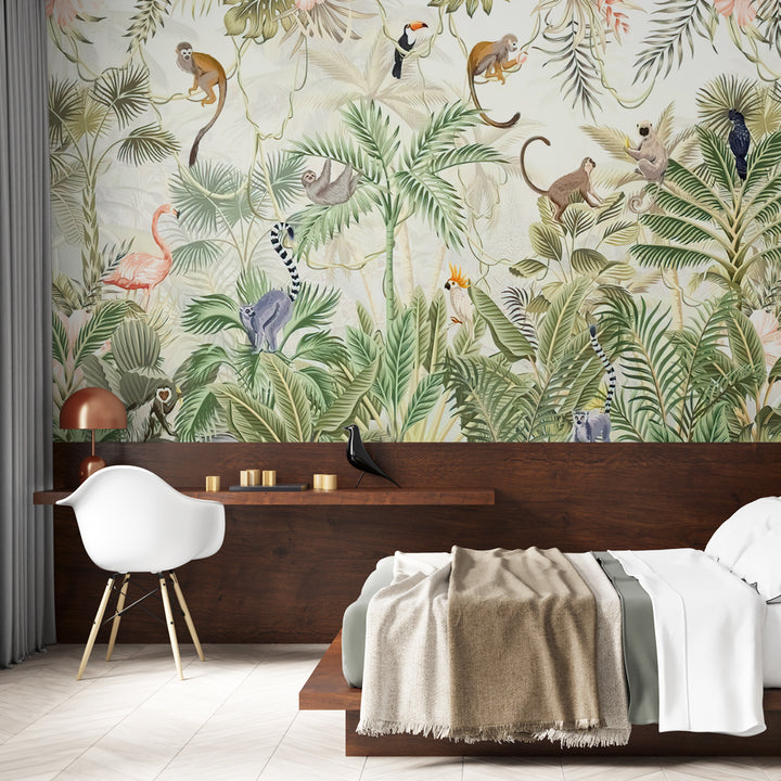 Jungle safari wallpaper, Tropical rainforest wall mural, Kids animal wallpaper, Peel and stick jungle wallpaper, Safari-themed nursery decor, kids nursery safari jungle animal, removable peel and stick wallpaper, kids nursery safari jungle animal removable peel and stick wallpaper
