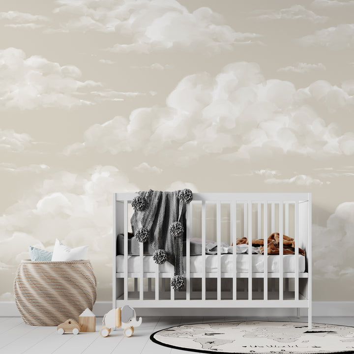 Beige and white cloud mural wallpaper offering a soft, serene look, ideal for nurseries and bedrooms, available in peel and stick or pre-pasted options.