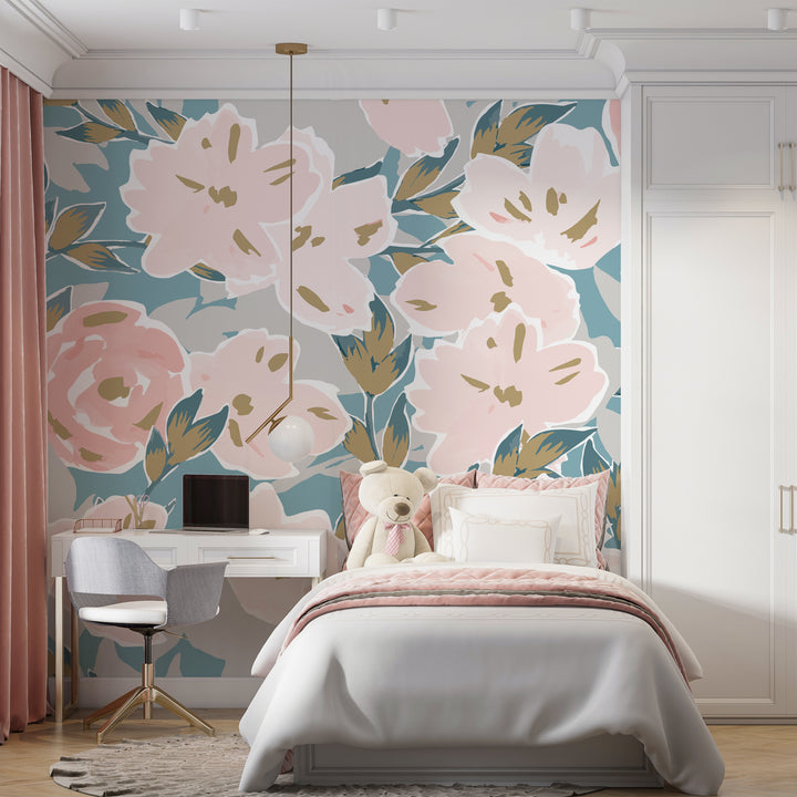 Removable watercolor-inspired floral wallpaper featuring hand-painted pink flowers and botanical accents