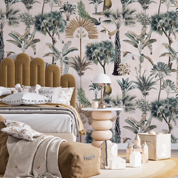 A calming wallpaper design featuring soft, muted tropical leaves in beige and cream tones, creating a serene ambiance in a modern bedroom setting.