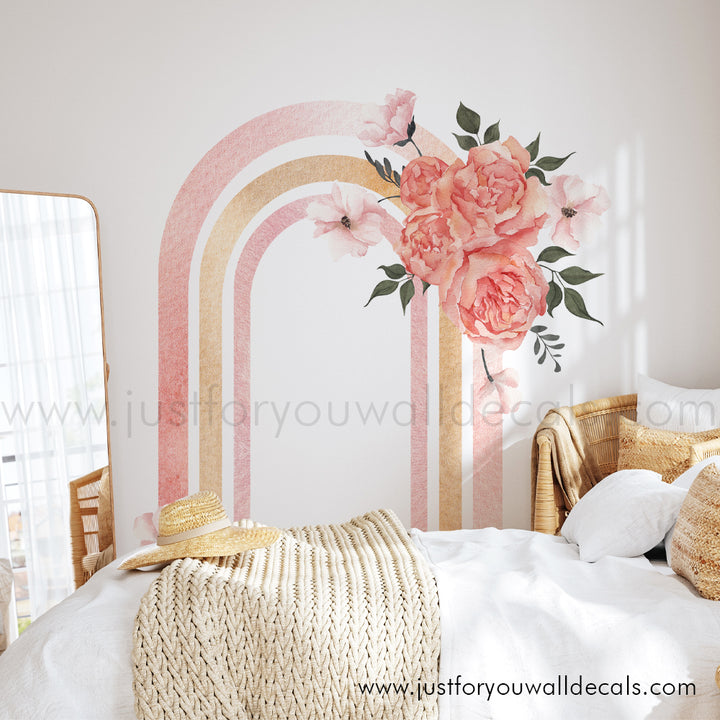 rainbow flower wall decal, floral rainbow wall decal, pink and gold rainbow wall decal with pink flowers. Girls room wall decal