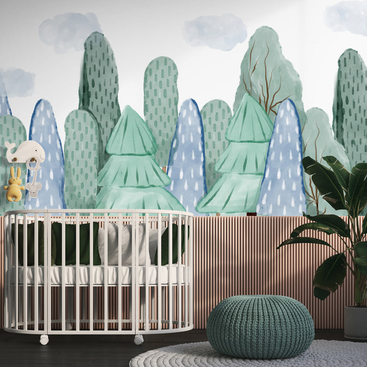 boys room tree nursery wallpaper, Green and blue tree wallpaper, Removable kids room wallpaper, Hand-painted whimsical wall mural, Scandinavian nature wallpaper, Cute woodland nursery decor