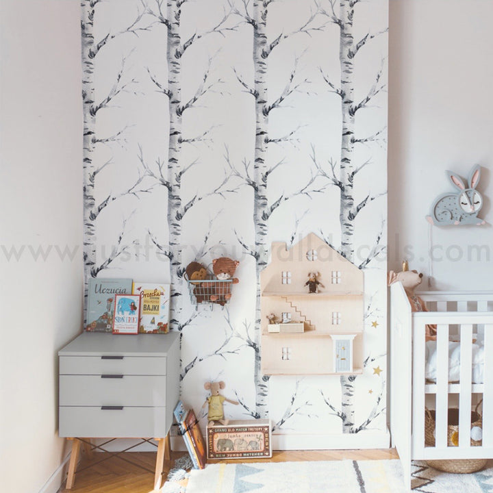kids room wallpaper, Birch tree wallpaper, Laundry room décor, Nature-inspired wallpaper, Tree pattern wallpaper, Removable wallpaper, Forest wallpaper, Neutral wallpaper designs, Minimalist wallpaper, Elegant home décor, Scandinavian style wallpaper, Woodland wallpaper, Nursery tree wallpaper, Forest nursery décor, Playroom wallpaper, Nature-inspired wallpaper