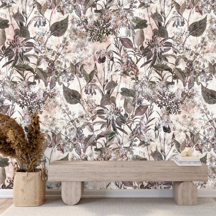 Soft vintage floral wallpaper with delicate wildflowers and foliage in muted earthy tones.