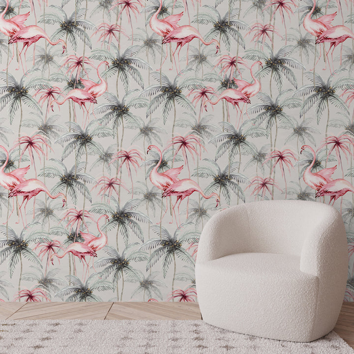 Flamingo wallpaper mural with tropical palm pattern, printed in pastel tones, peel and stick or pre-pasted, removable and DIY-friendly.