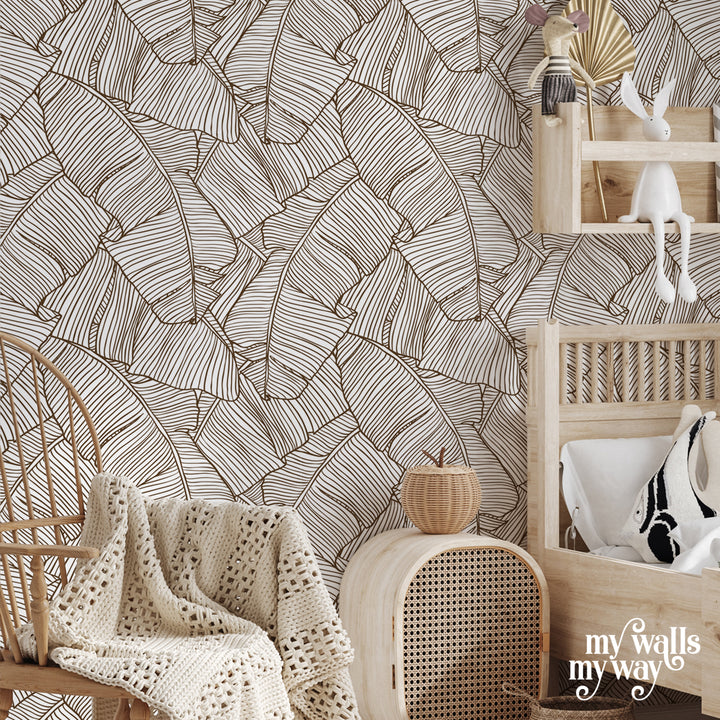 Tropical palm leaf wallpaper in minimalist line art design, peel-and-stick or pre-pasted, removable without wall damage, ideal for bedroom or living room décor.