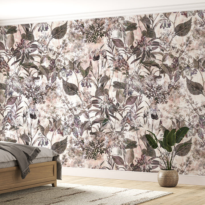 Elegant botanical wallpaper featuring hand-painted watercolor flowers and leaves on a textured background.