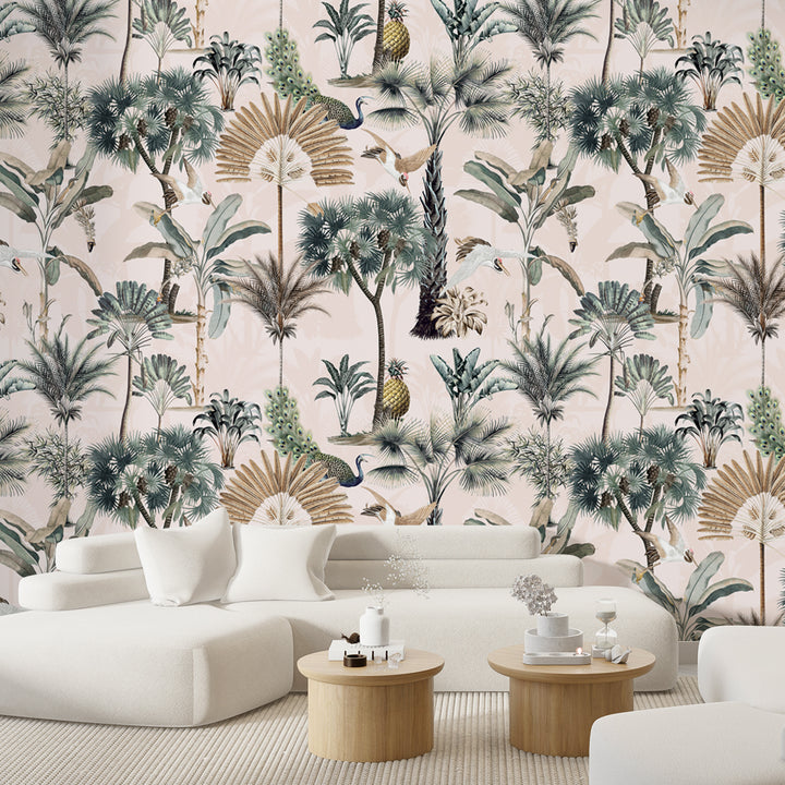 Tropical Banana Leaves Wallpaper, Peacock Birds Wallpaper, Removable Peel and Stick, Boho Palm Tree Wallpaper, Oasis Tree Wallpaper peel and stick wallpaper