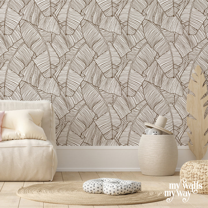 Palm leaf wallpaper in line art style, soft neutral brown tones on white background, removable peel-and-stick or pre-pasted, ideal for modern and coastal rooms.