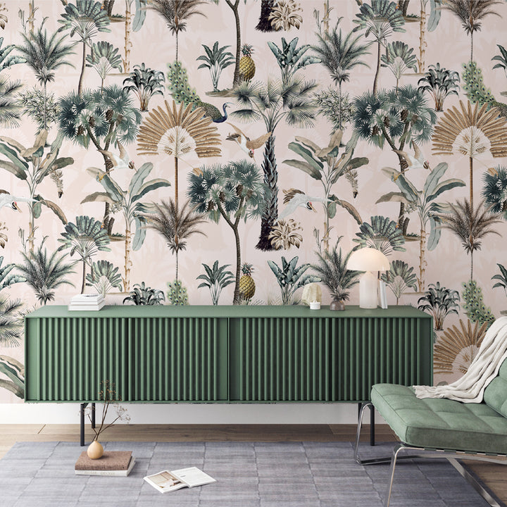 Luxury botanical wallpaper with tropical foliage, peacocks, and pineapples in a vintage-inspired design.
