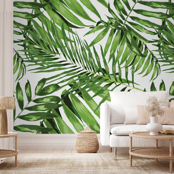Large tropical palm leaf wallpaper featuring lush green fronds on white background, peel and stick or pre-pasted removable design perfect for modern interiors.